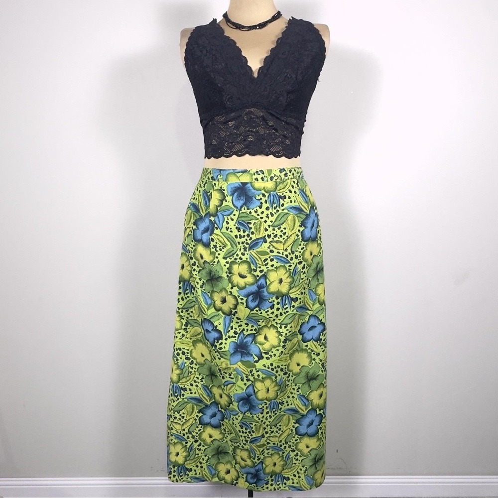 Vtg NWT Kaktus Linen Blend Midi Skirt A-Line 3X Green Blue Floral Coastal Resort